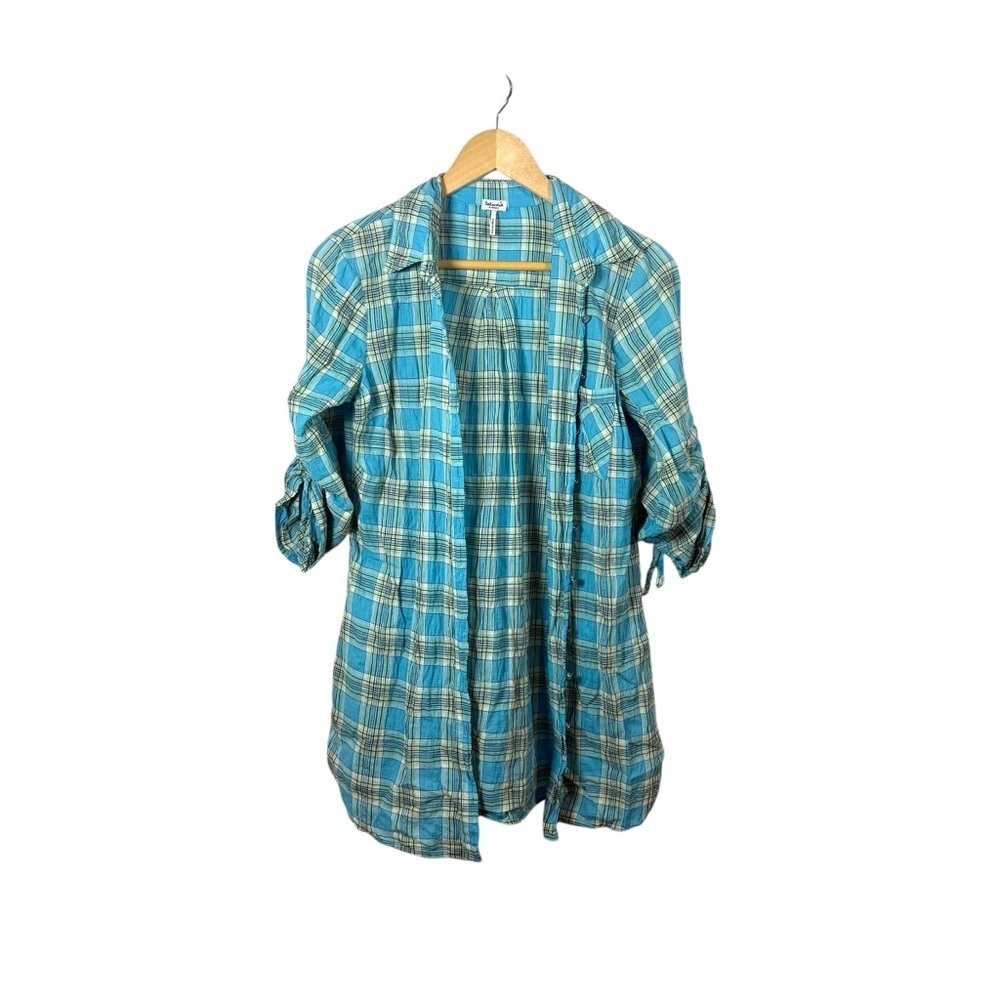 Splendid Cinched Sleeve Metallic Plaid Button Down Tunic Blouse Blue/Green XS